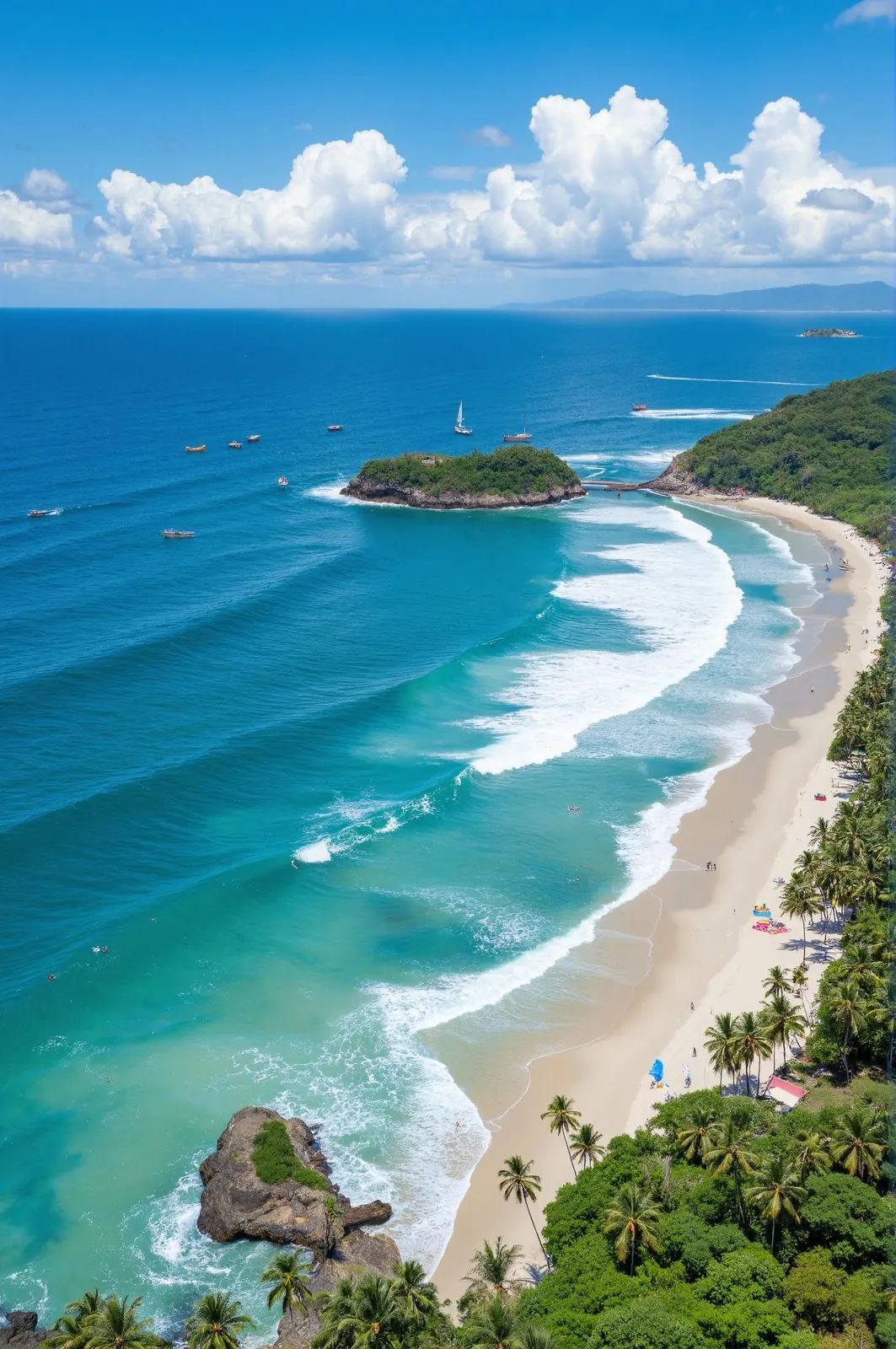 Aerial view of a beach cove with boats and palm trees