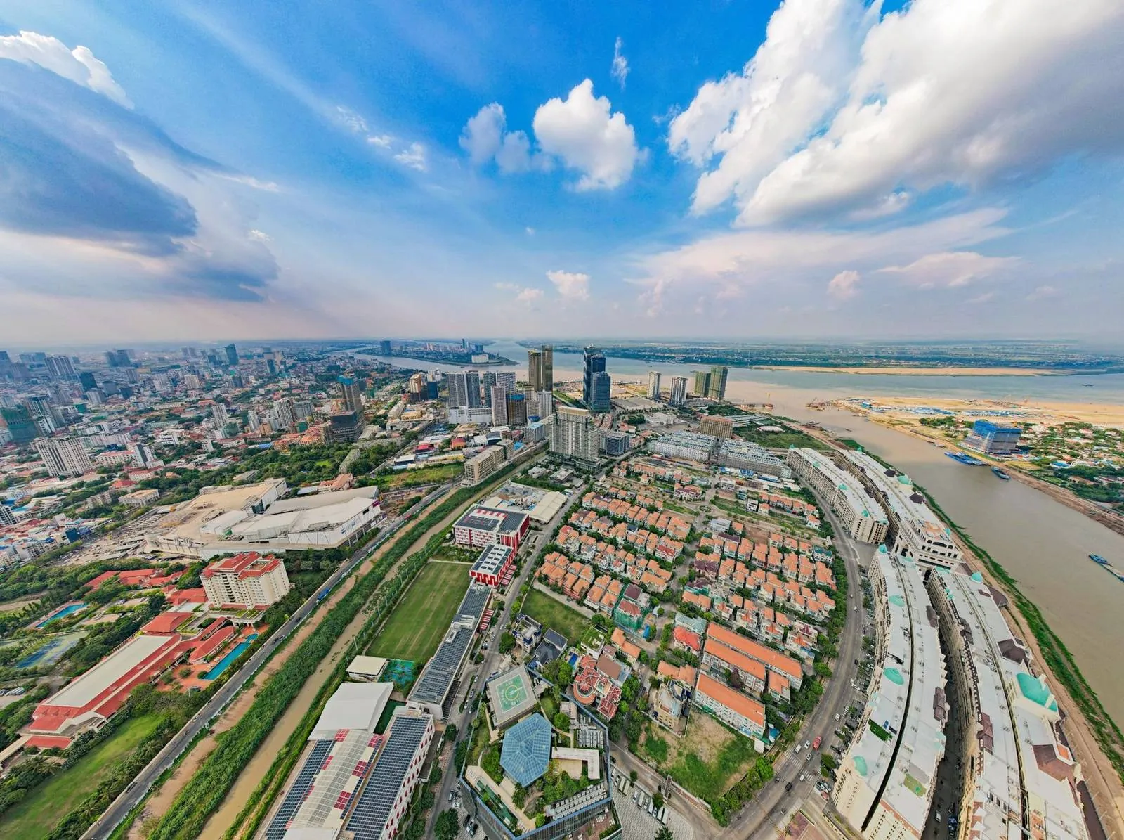 Aerial view of the Phnom Penh riverside skyline