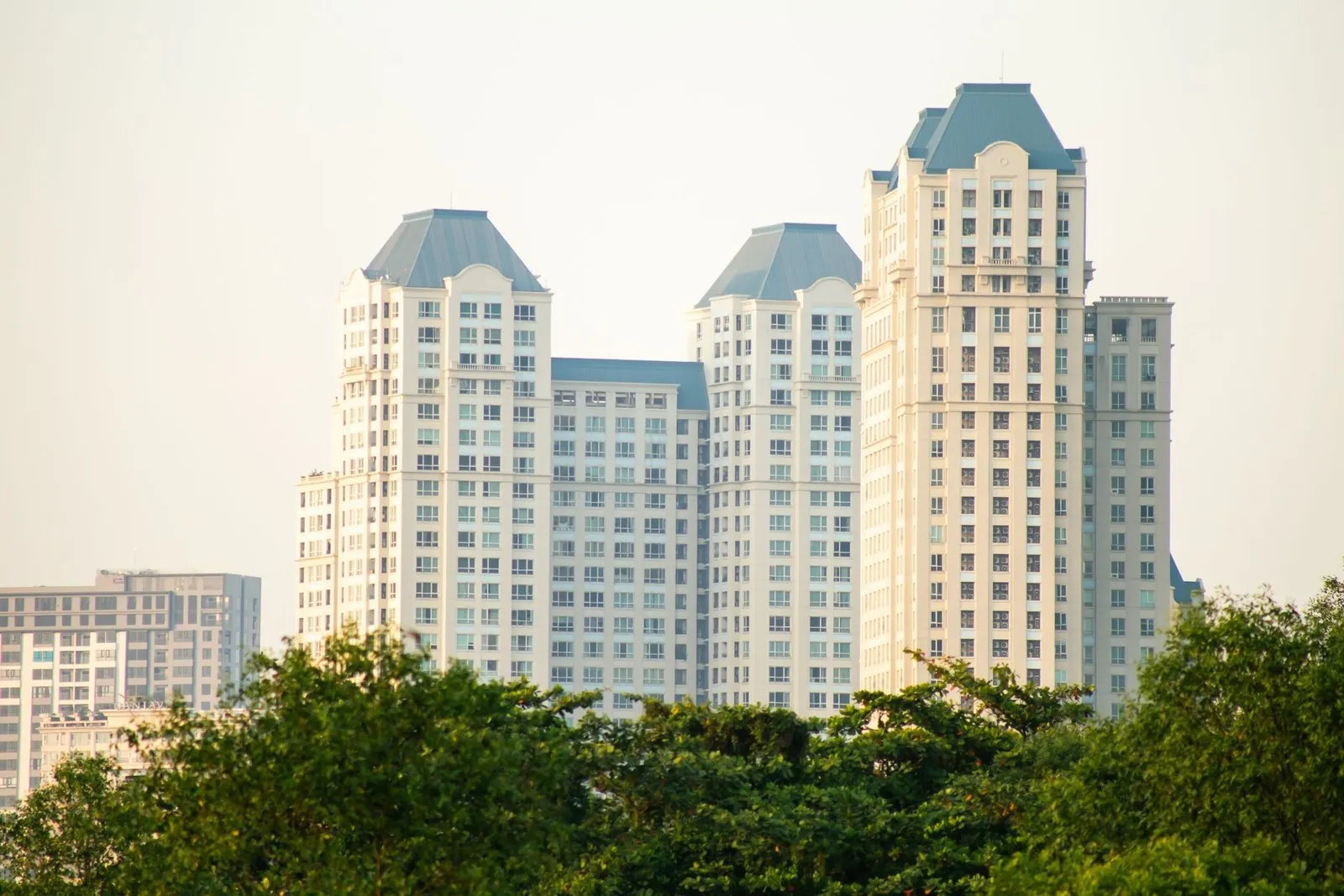 Gated apartment towers with mansard roofs in southern Ho Chi Minh City