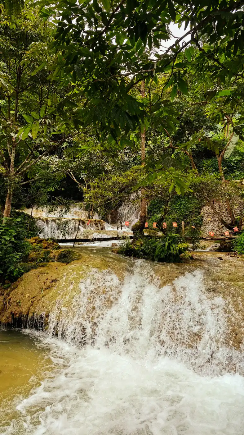 Small waterfall cascading through green jungle vegetation in northern Vietnam