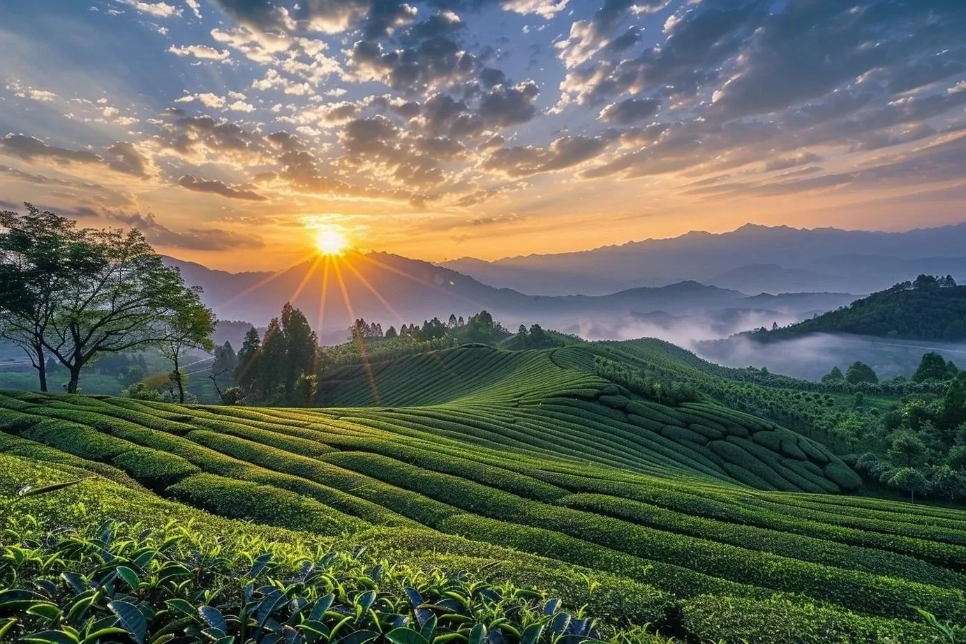 sunset over tea plantations in the hills of Central Vietnam