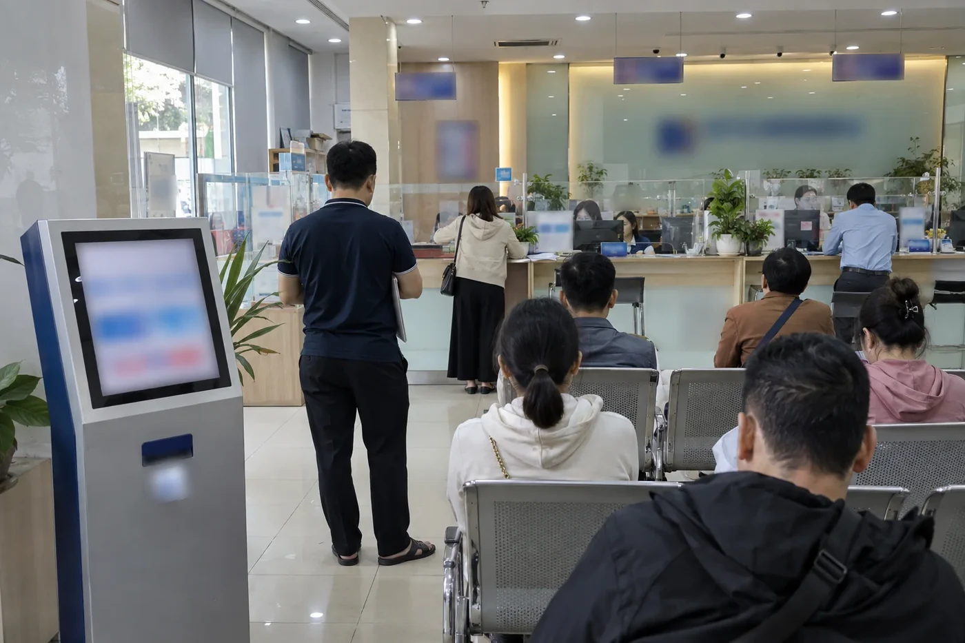 Waiting area and service counters inside a Vietnamese bank branch