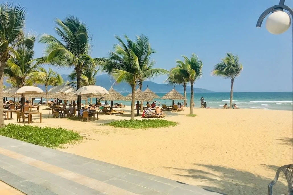 Beach umbrellas and palm trees on a Nha Trang beach