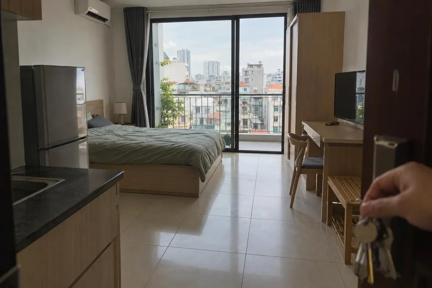 Furnished studio with a balcony and city view seen from the front door