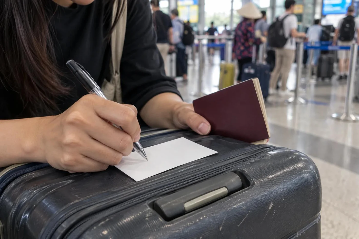 Traveller filling in a form with a passport in hand at an airport terminal