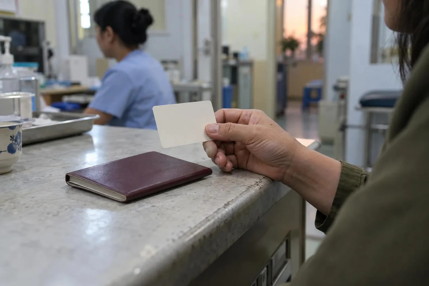 Person holding an insurance card with a passport at a clinic reception desk