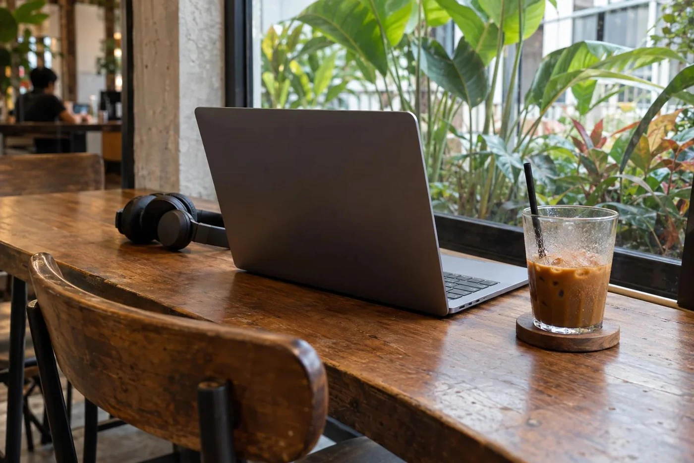 Laptop and iced coffee on a wooden table in a cafe with tropical plants