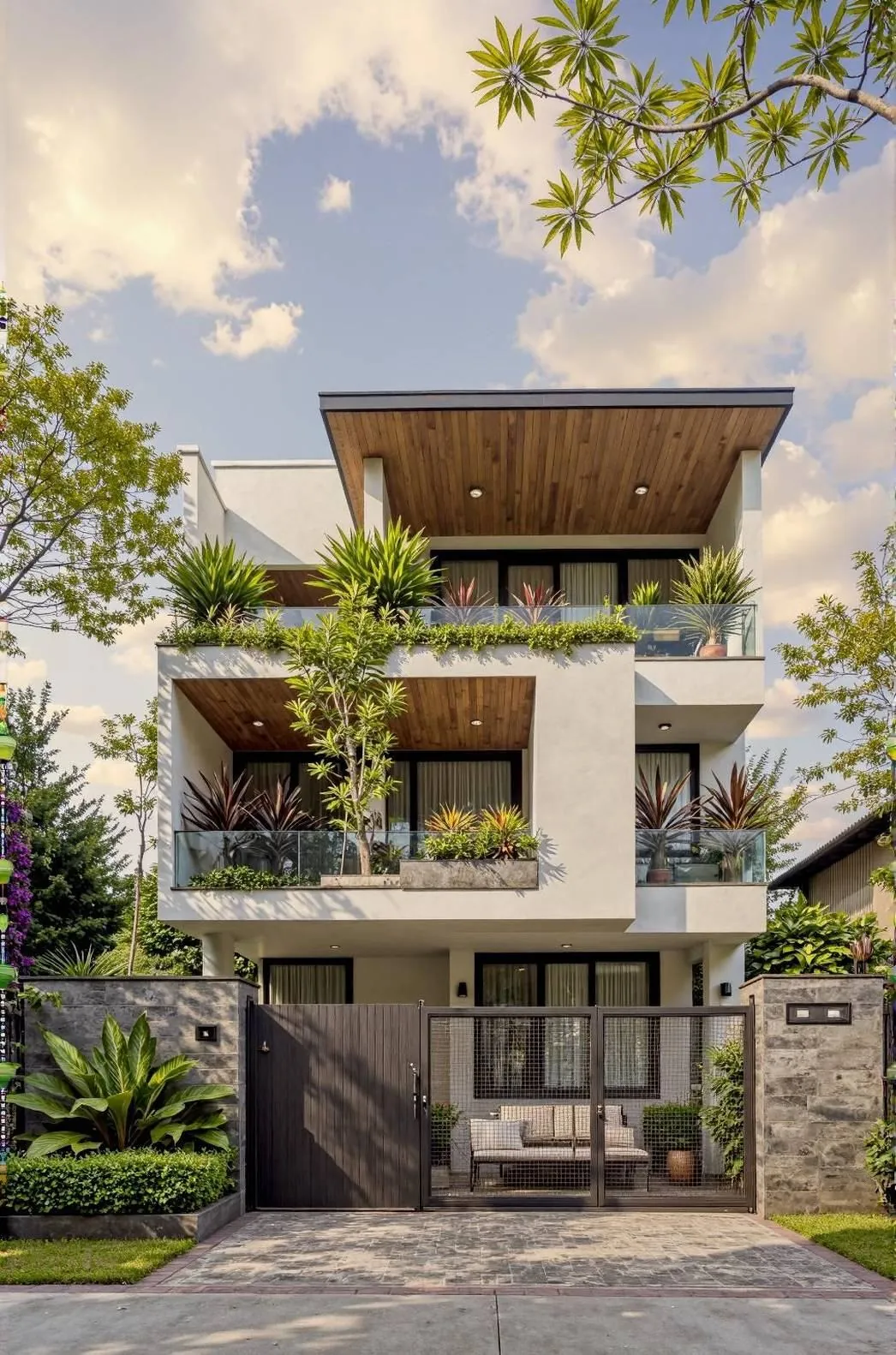Modern multi-story apartment building with plant-filled balconies in Da Nang