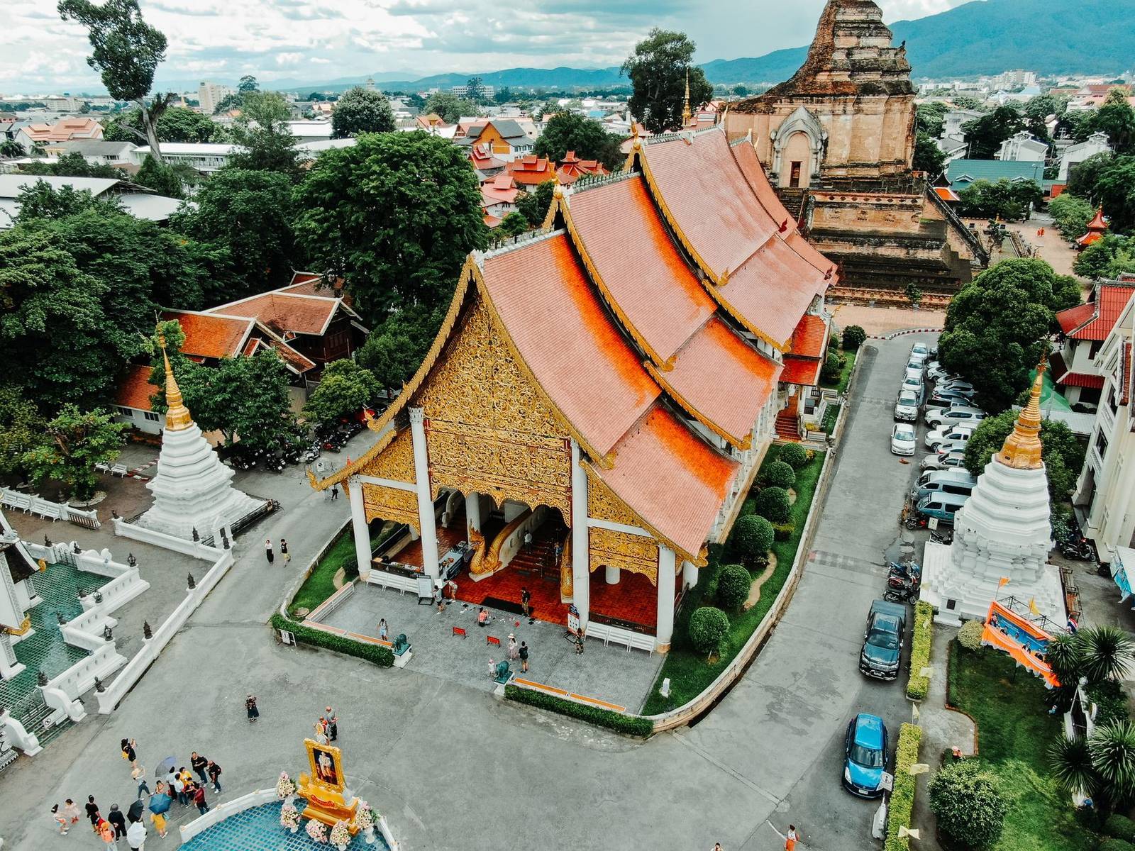 Aerial view of Wat Chedi Luang temple in Chiang Mai