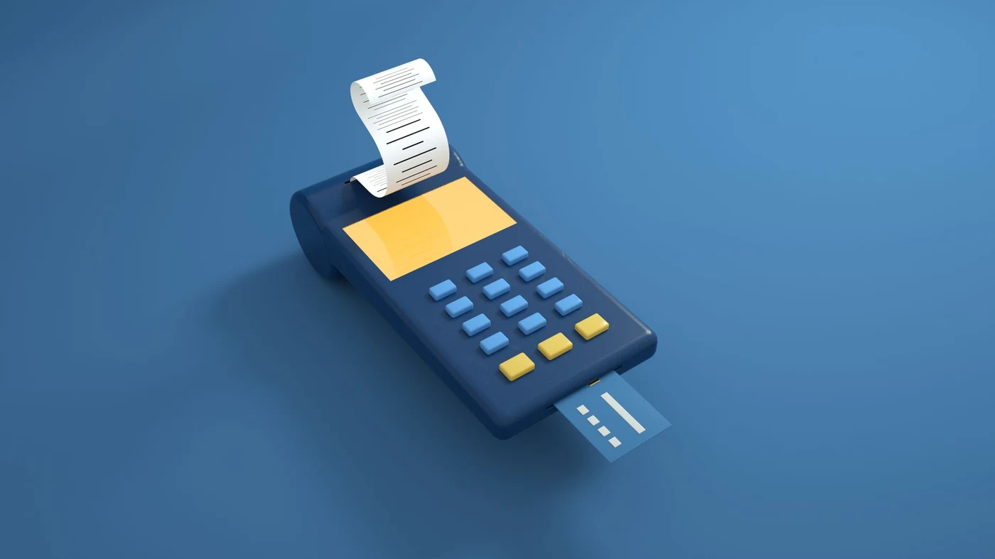 Blue card reader terminal with a receipt printing out