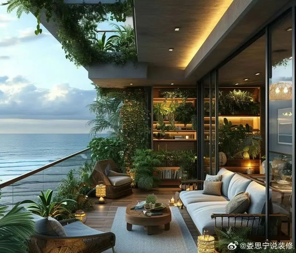 Apartment balcony with plants overlooking the coastline in Da Nang