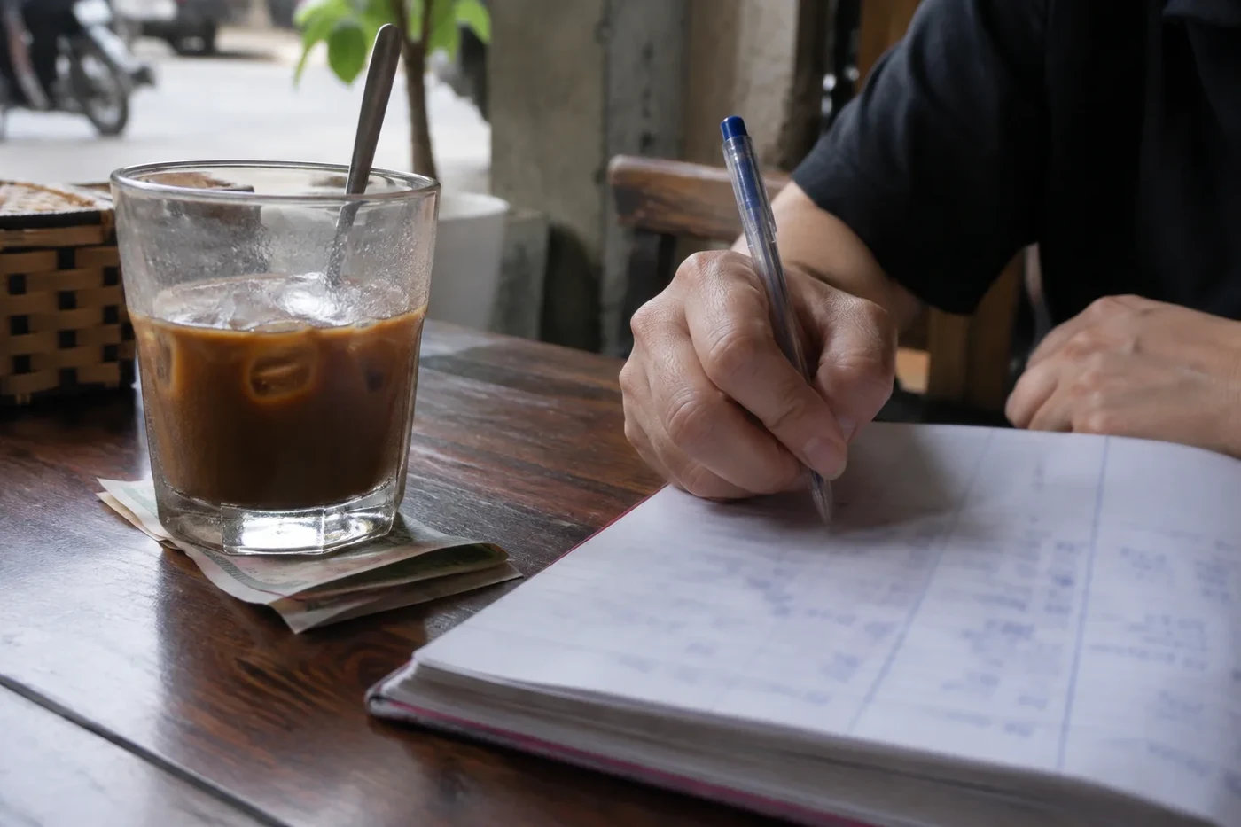 Notebook with budget notes next to a cup of coffee