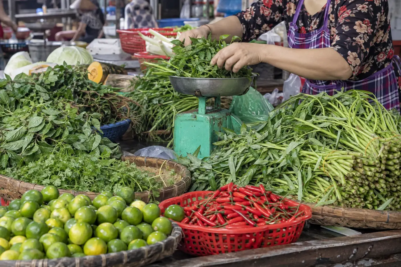 A row of fresh vegetables on a local market stall