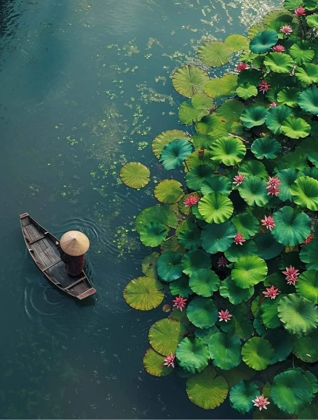 Small boat on calm water near the Mekong Delta coast