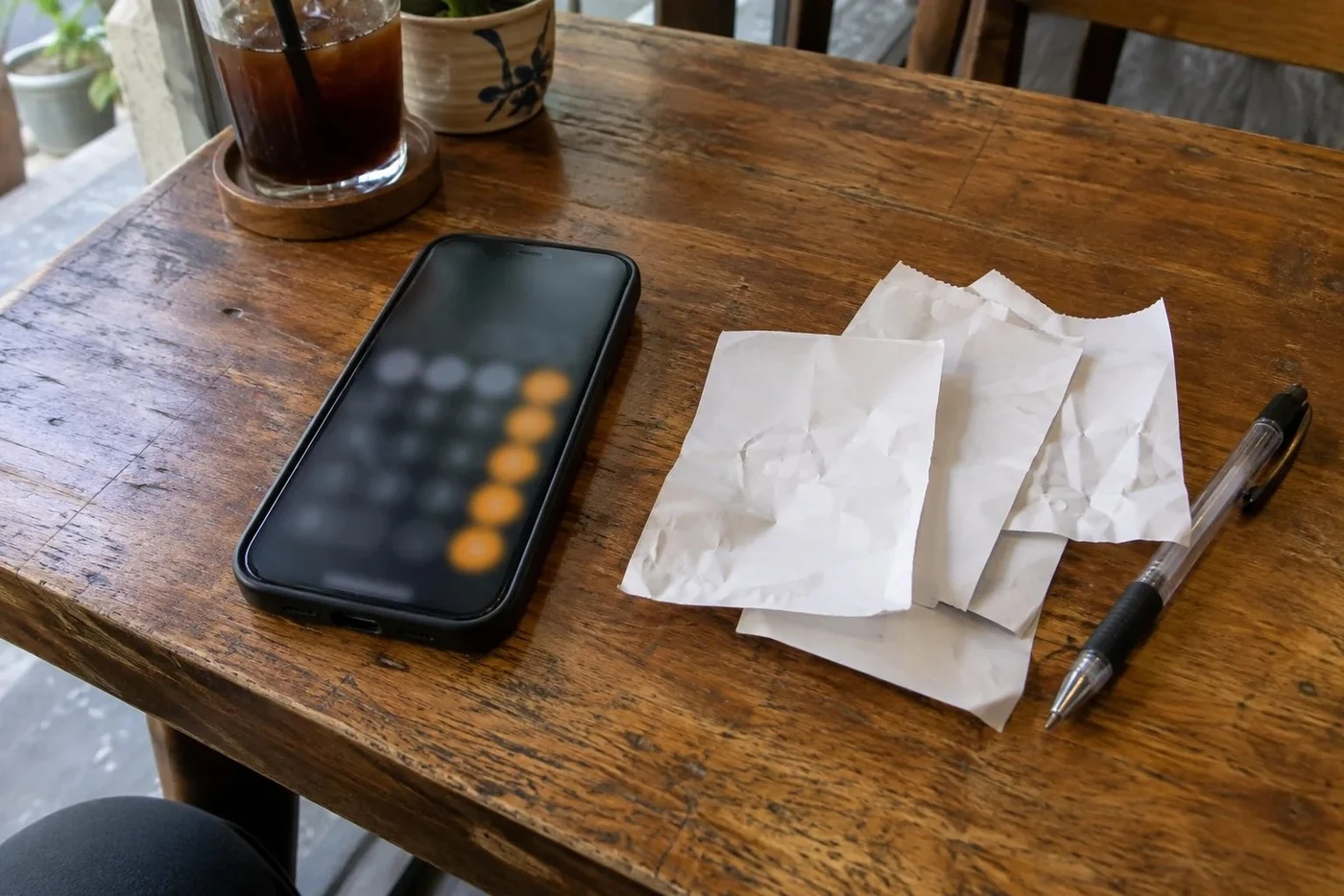 Phone calculator and crumpled paper receipts on a wooden cafe table next to an iced coffee