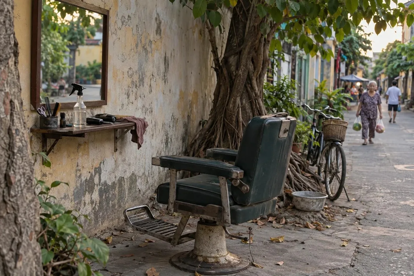 Barber chair and shelf with scissors and a spray bottle against a wall beside a tree-lined lane