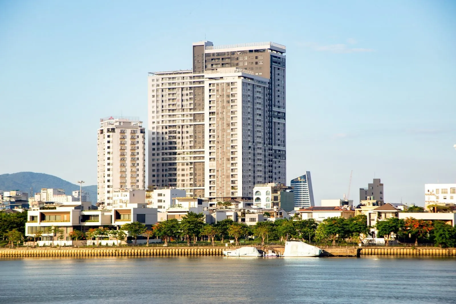 Skyline of residential high-rises along the Han River in Da Nang