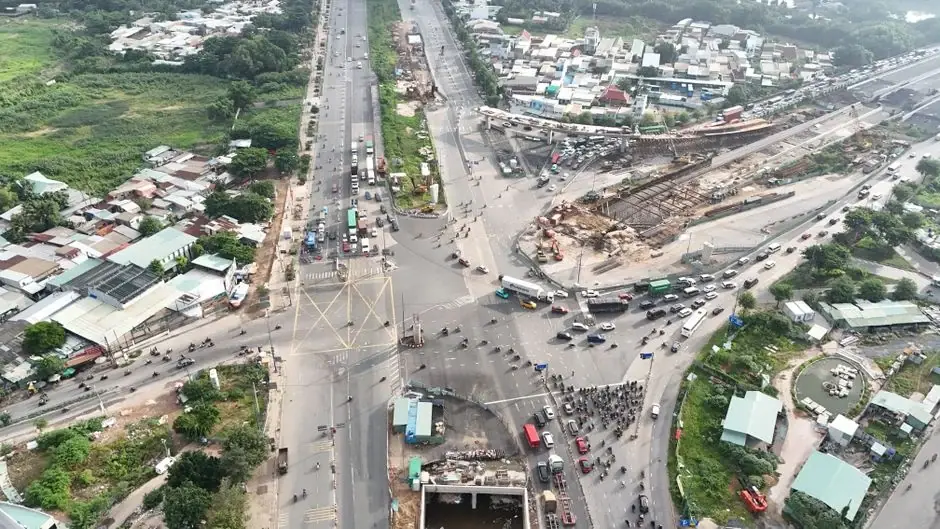 Aerial view of Ho Chi Minh City traffic intersection under construction