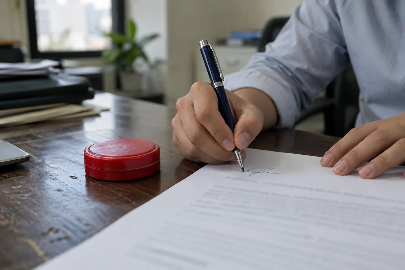 Stamp being pressed onto a signed contract on a desk