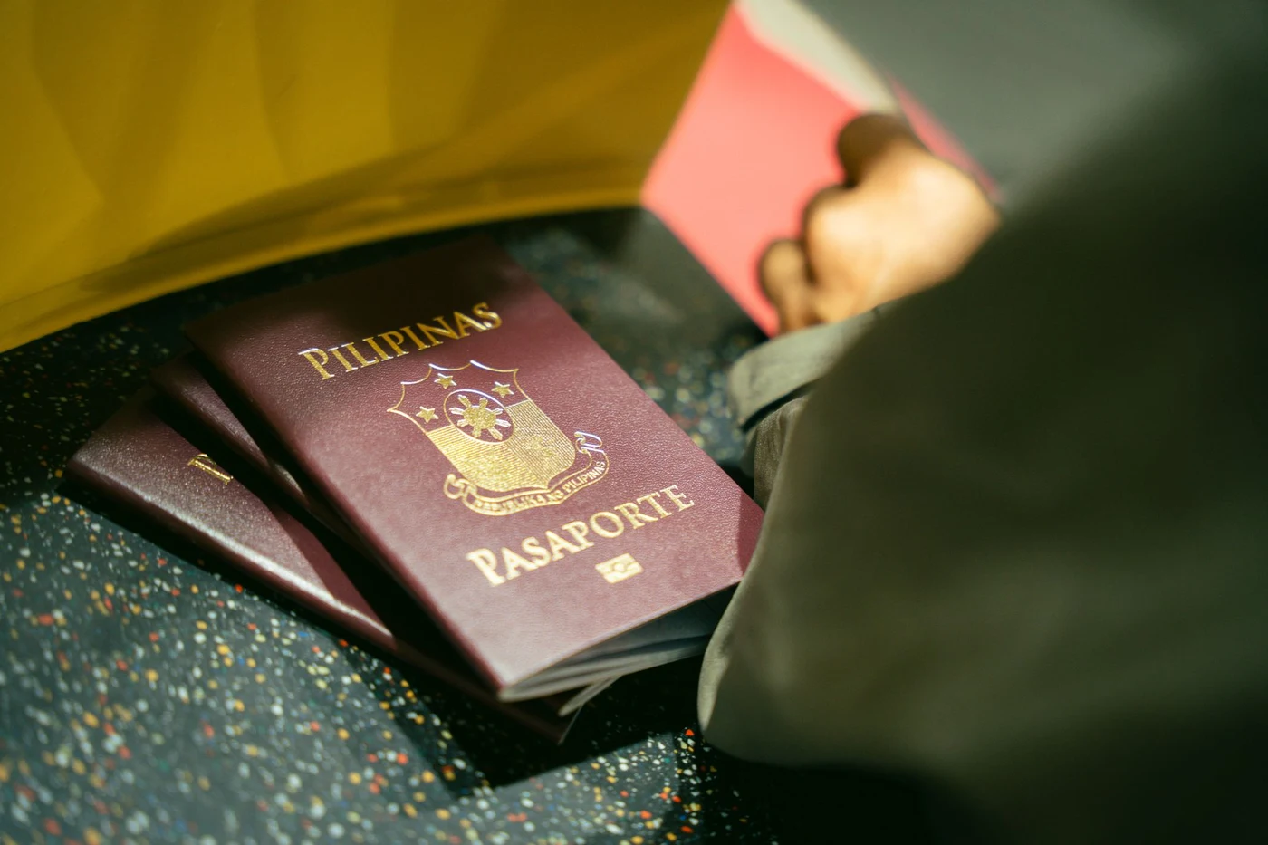 Close-up of passports on a travel document desk