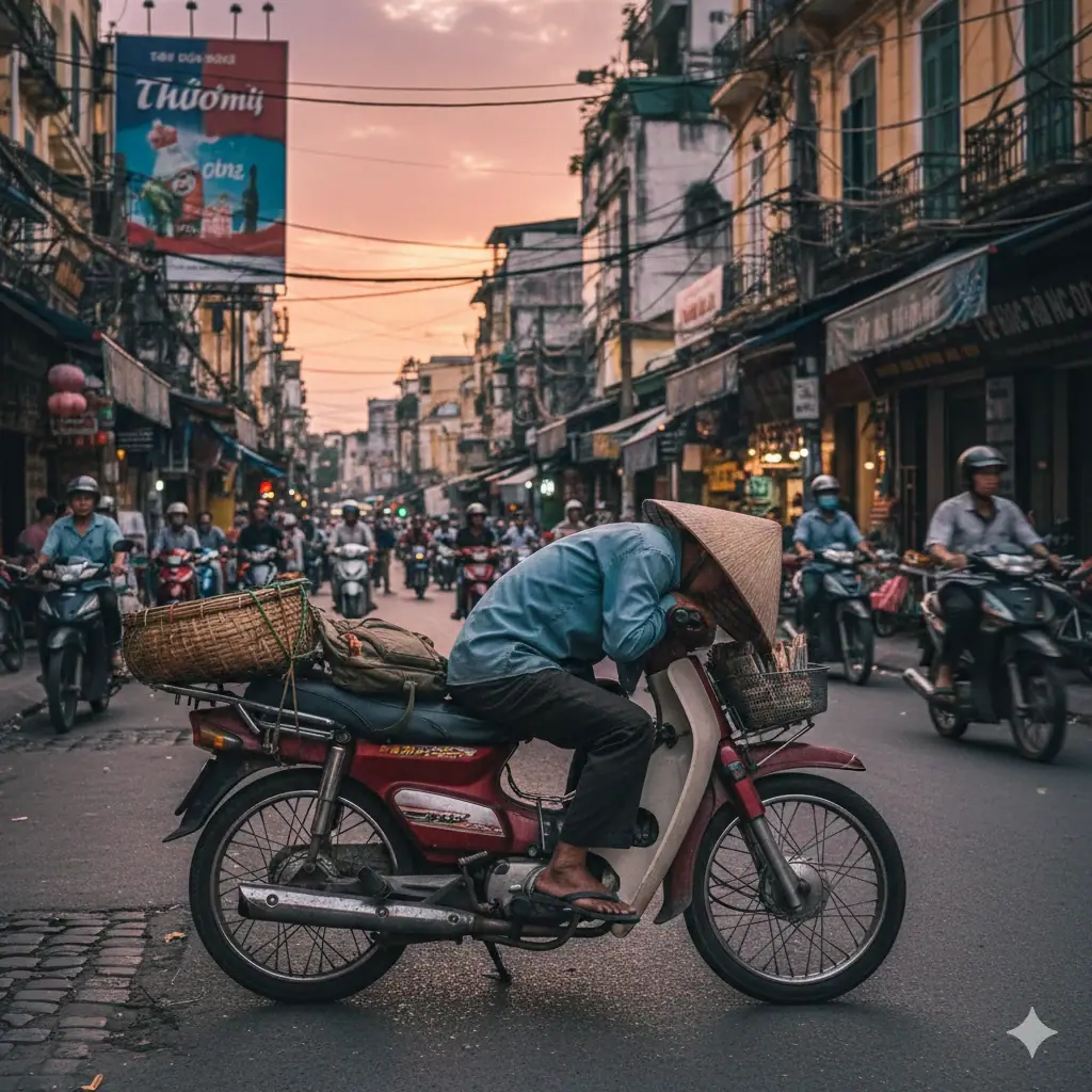 A rider on a red motorbike riding down a Vietnamese street