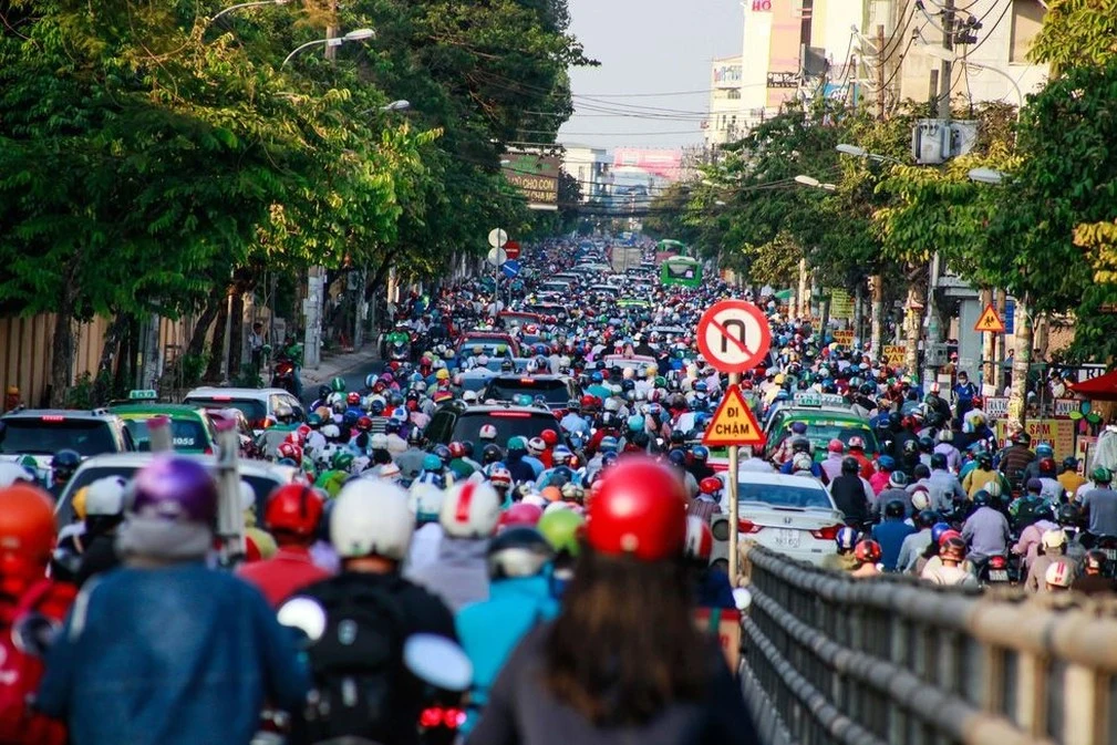 Motorbike traffic on a busy road in Vietnam