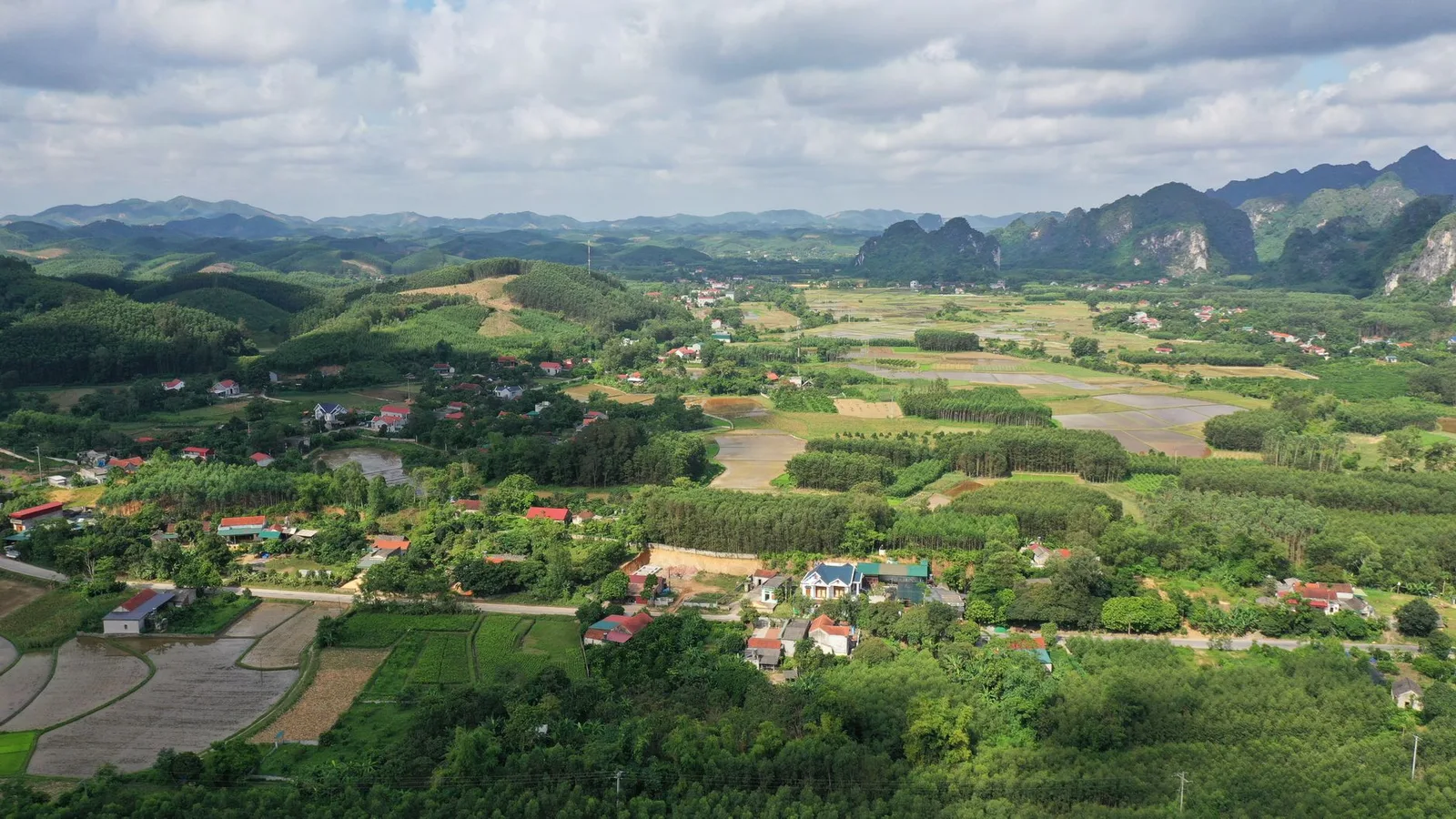Green rice paddies and karst mountains in northern Vietnam