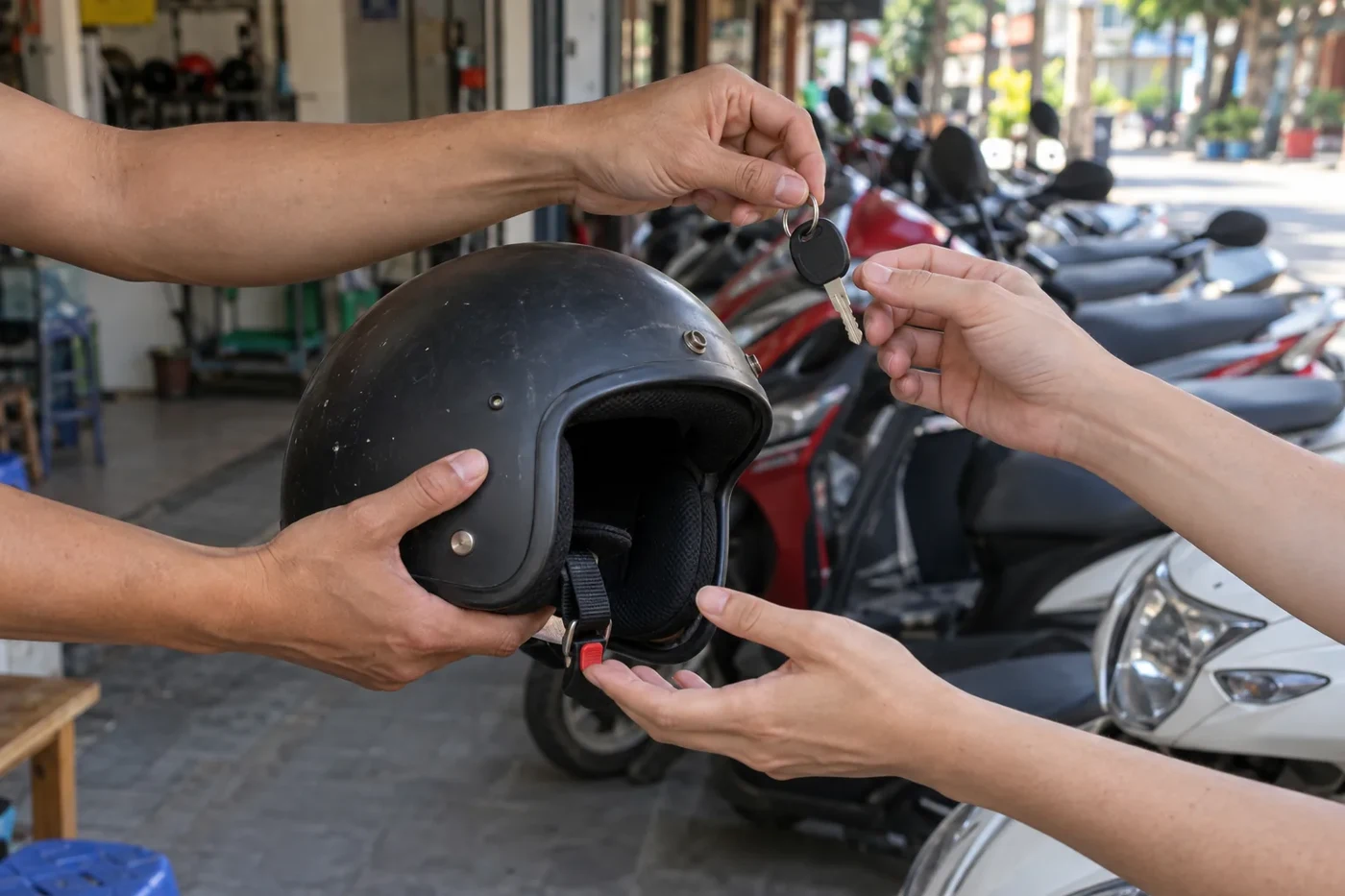 Hands holding a helmet and scooter keys before a rental