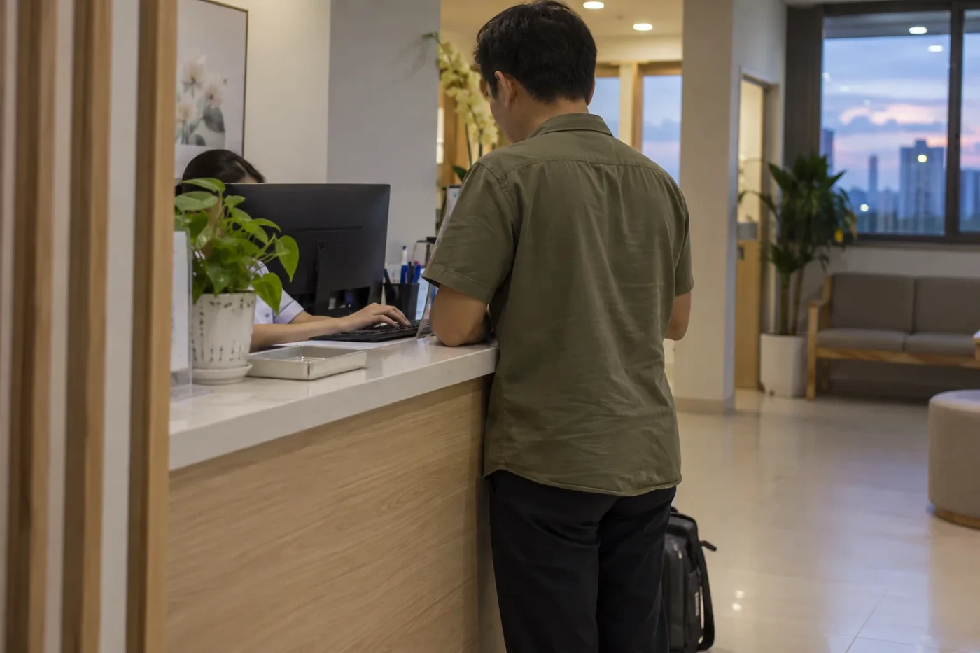 Reception desk of a clinic with a waiting area