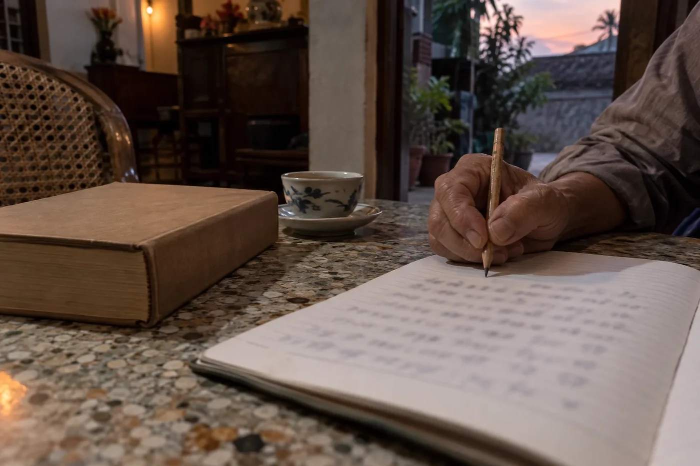 Notebook with handwritten Vietnamese words next to a pen