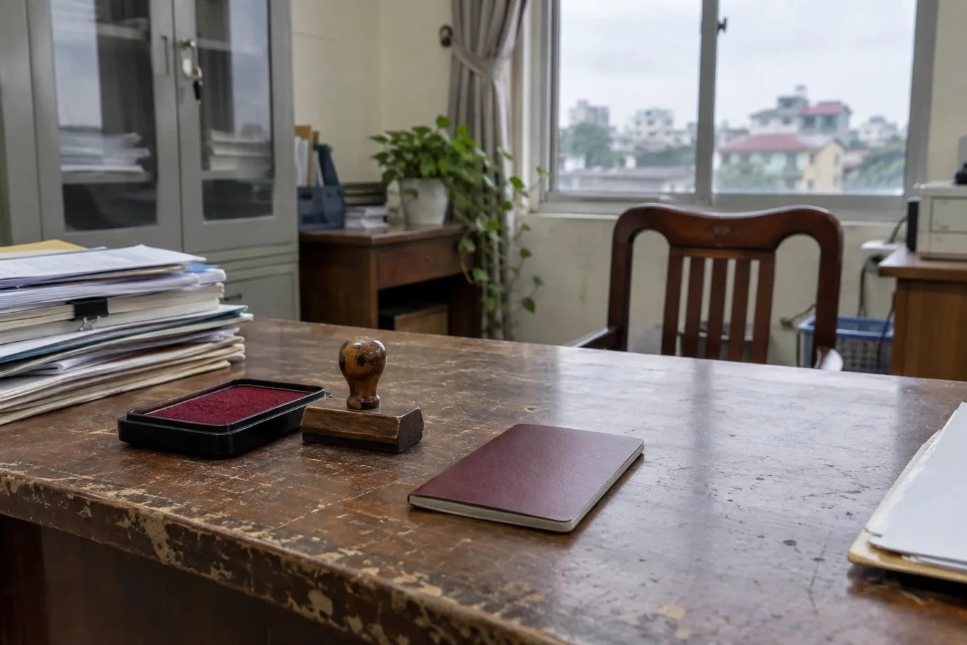 Passport and an ink stamp pad on an inspector’s desk