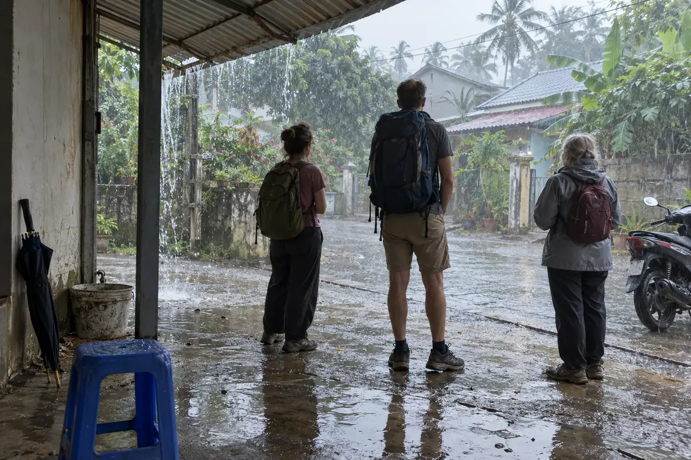 People waiting under a shelter during the rainy season