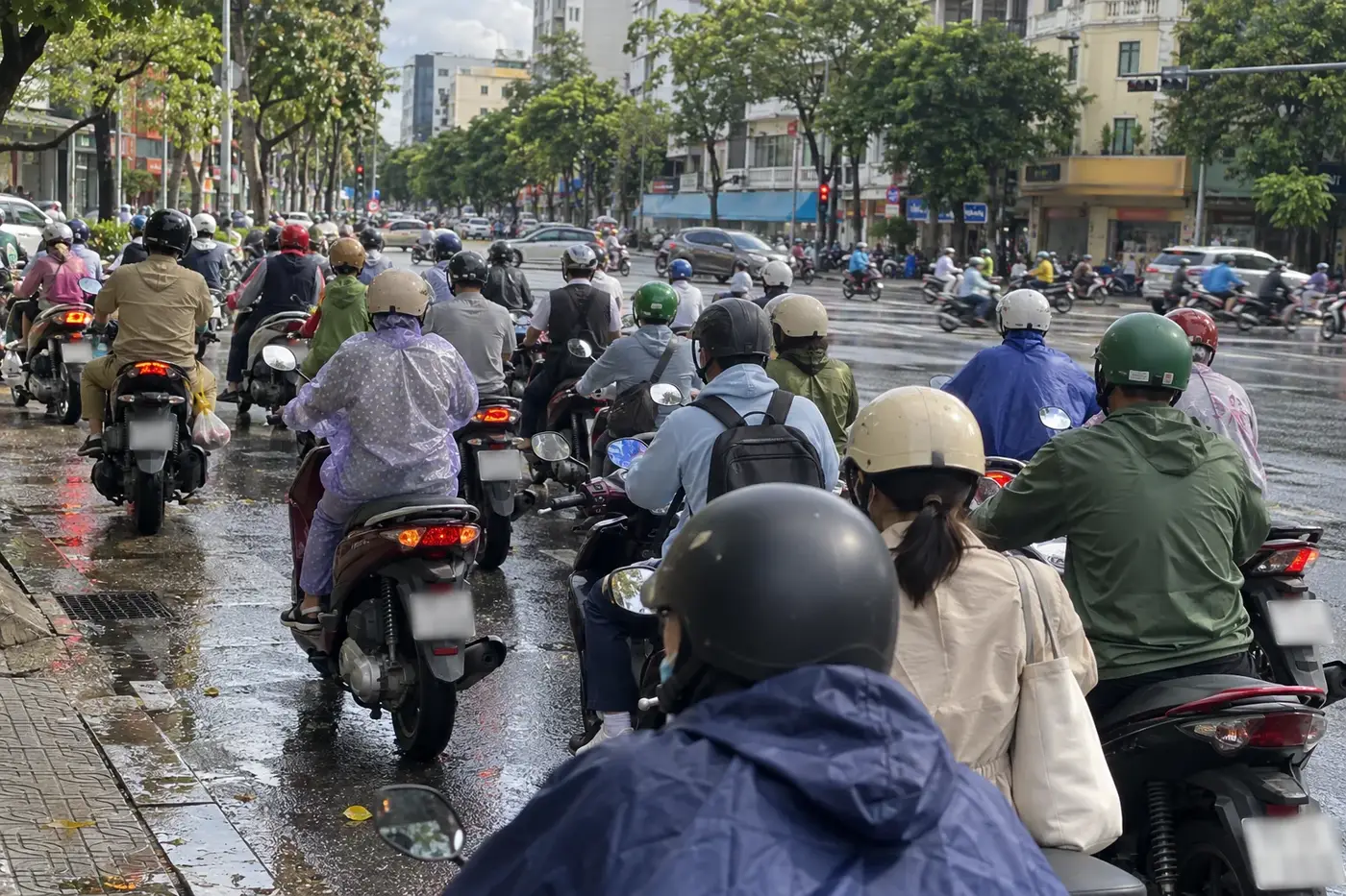 Morning scooter traffic on an island road