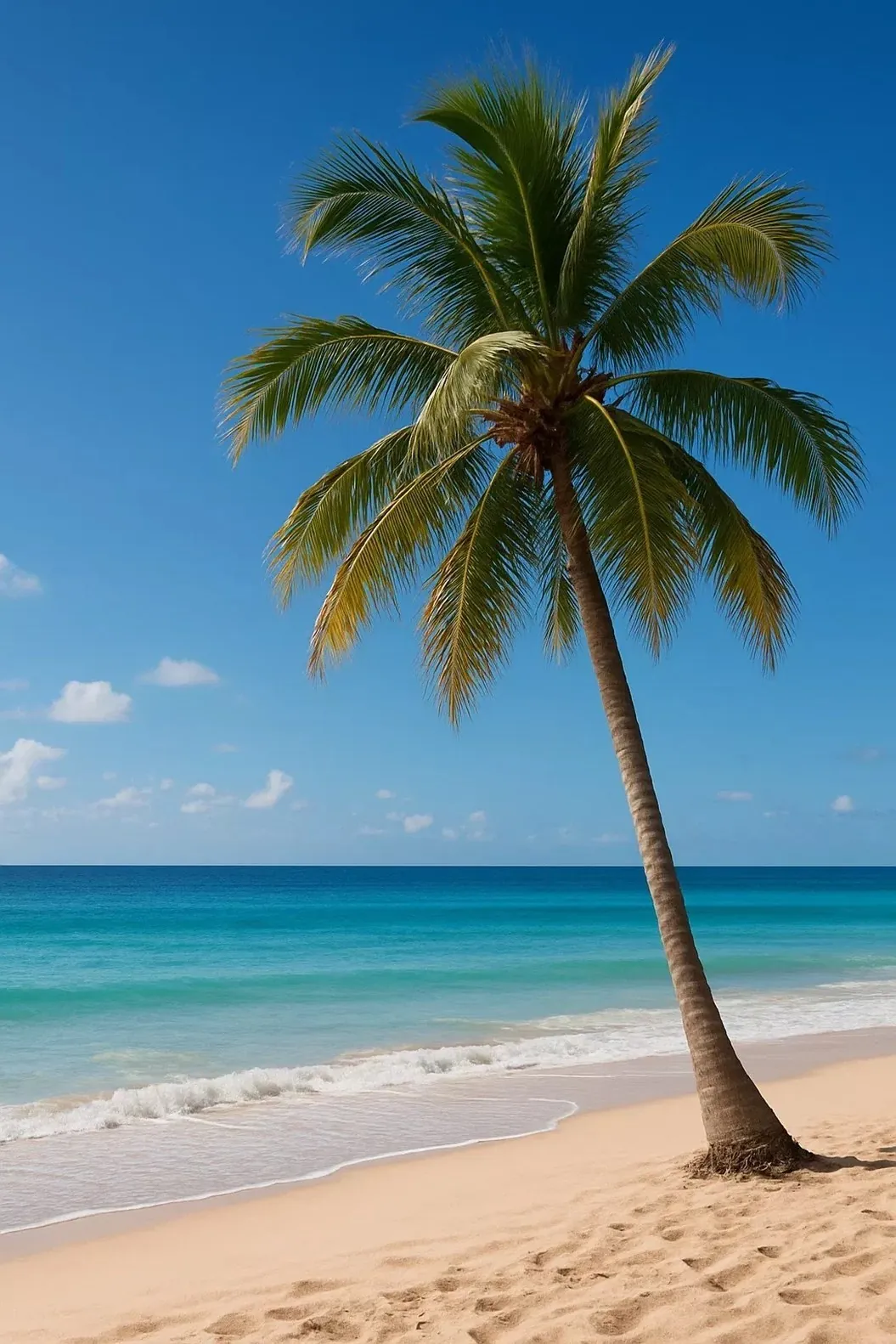 Palm tree on an empty tropical beach in coastal Vietnam