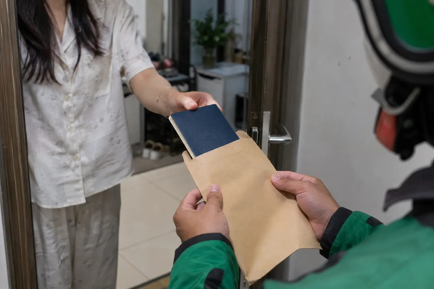 A passport handed over in a paper envelope
