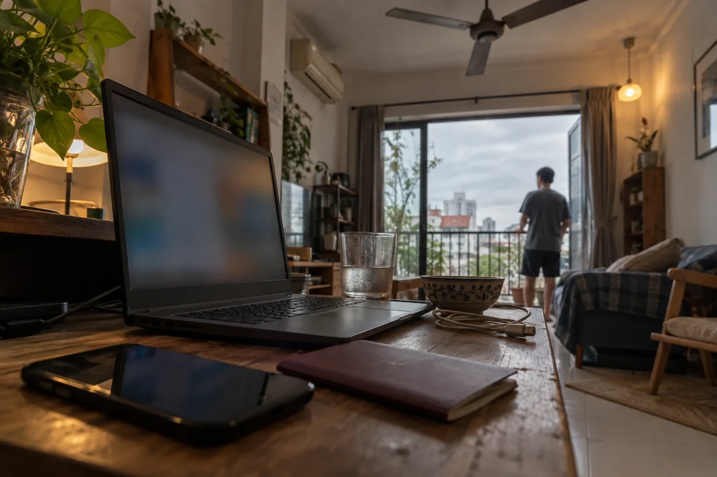 Laptop and a Russian passport on a table in a rented room with a balcony