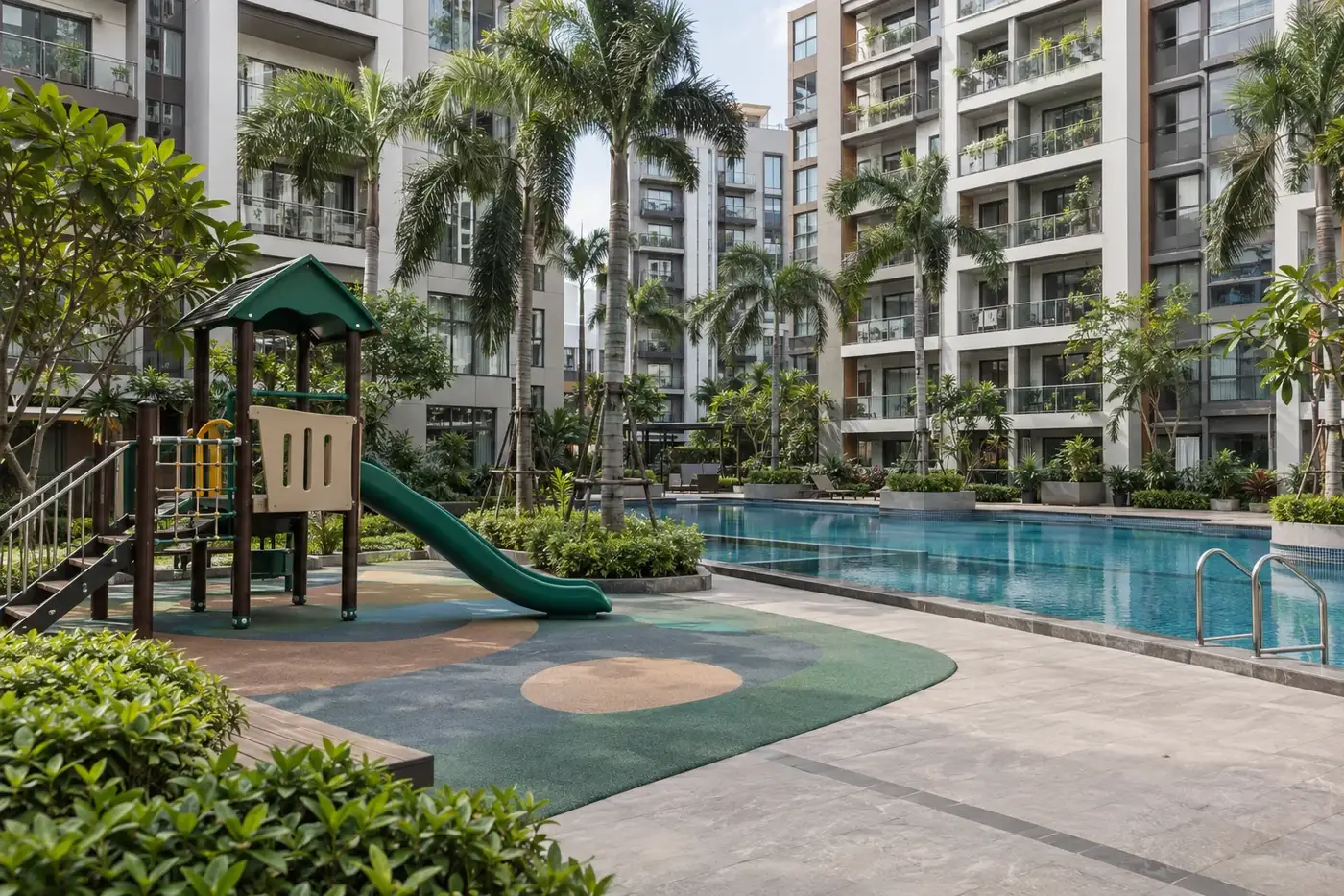 Courtyard playground with a slide next to a swimming pool between apartment blocks
