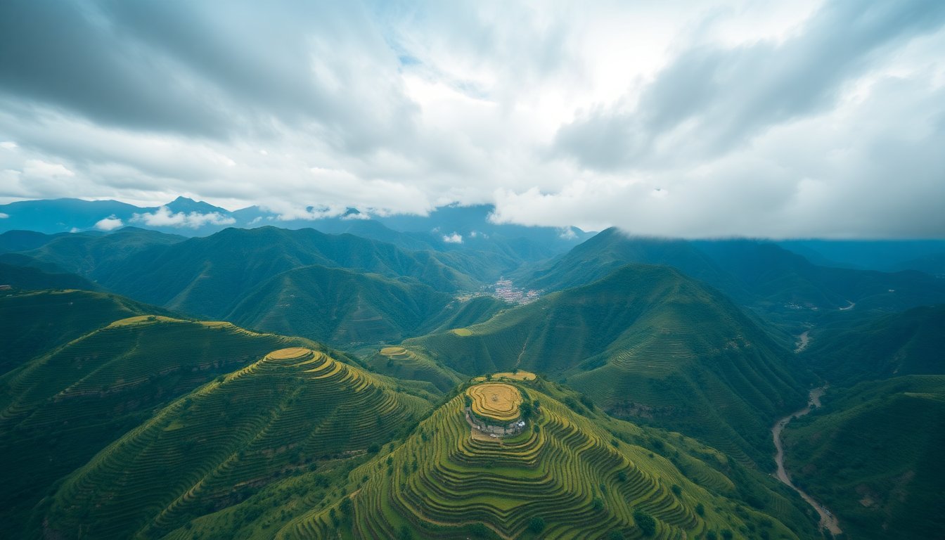 Panoramic Sapa valley with cascading terraces