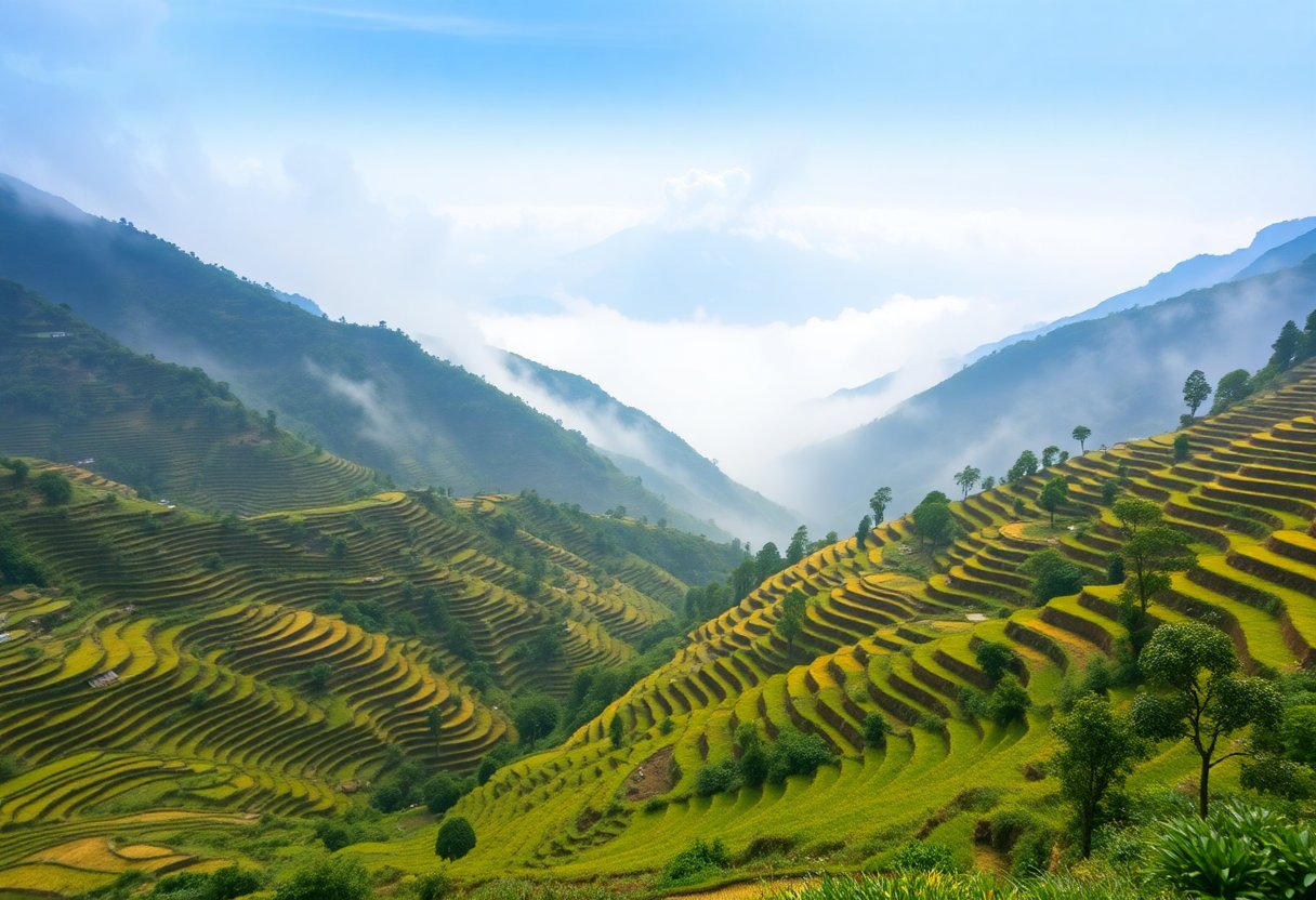 Sapa valley with layered terraces and mountains