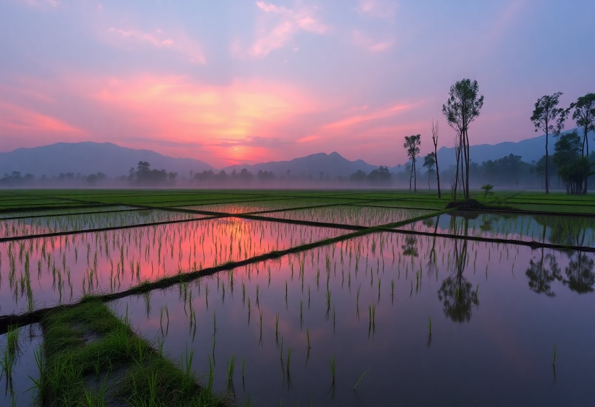 Flooded rice terraces reflecting sky at sunset