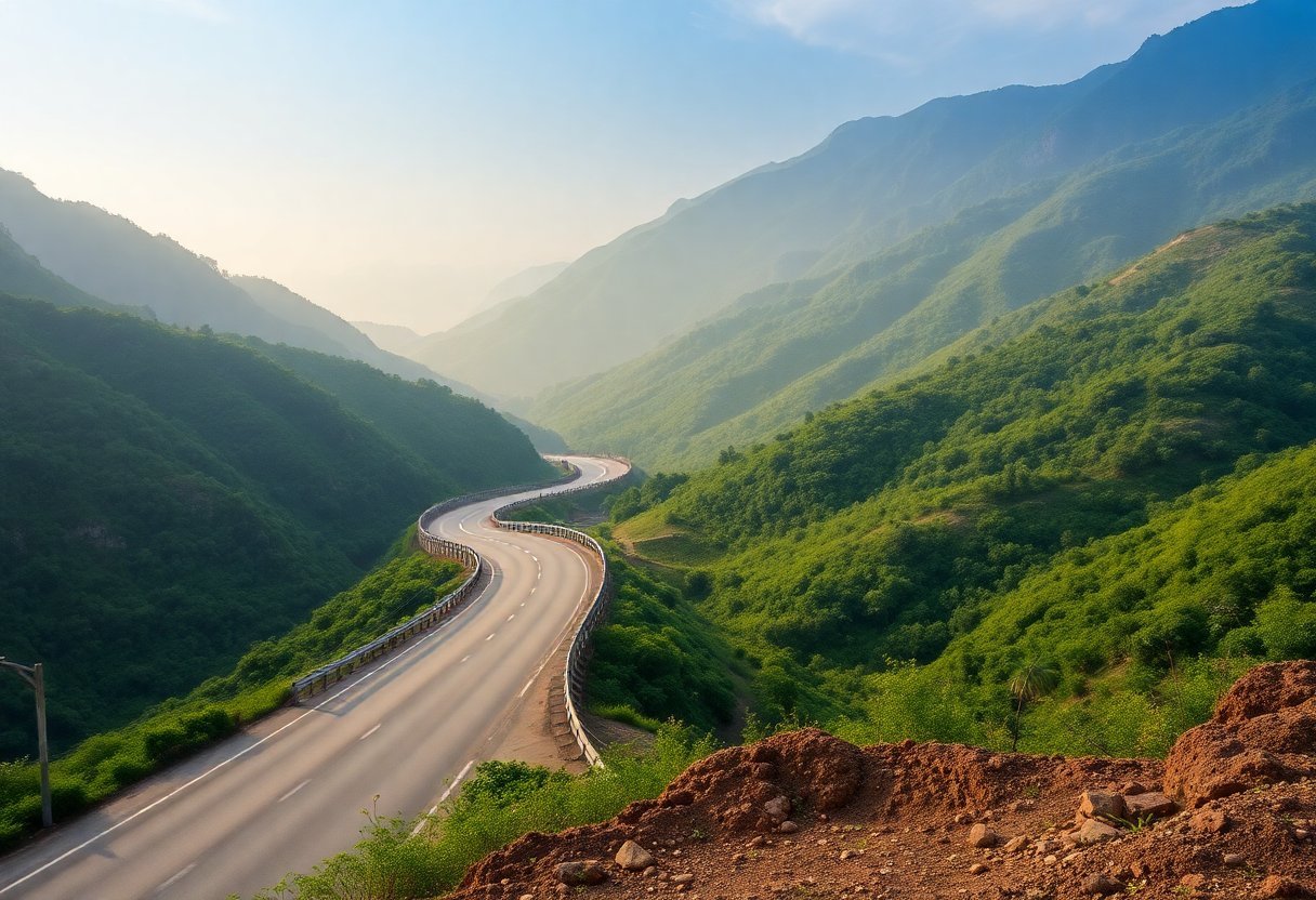 Mountain highway winding through northern Vietnam mist