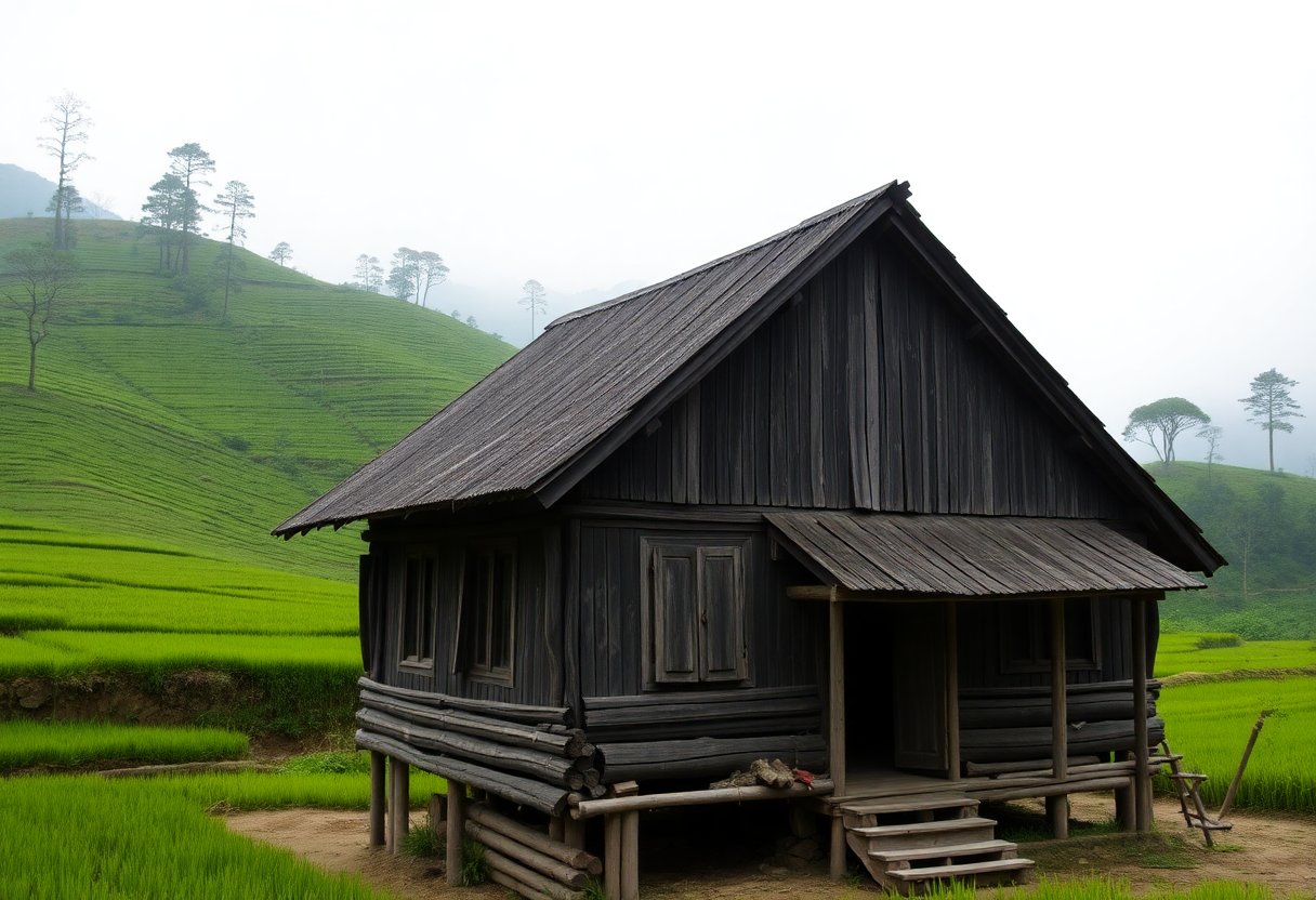 Ethnic minority village houses among rice terraces