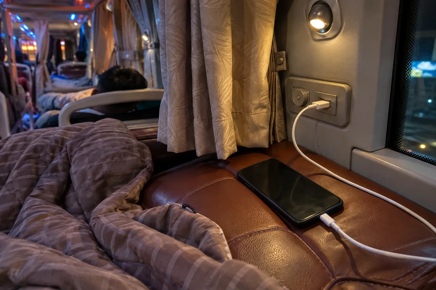 Phone plugged into a USB charger on a sleeper bus