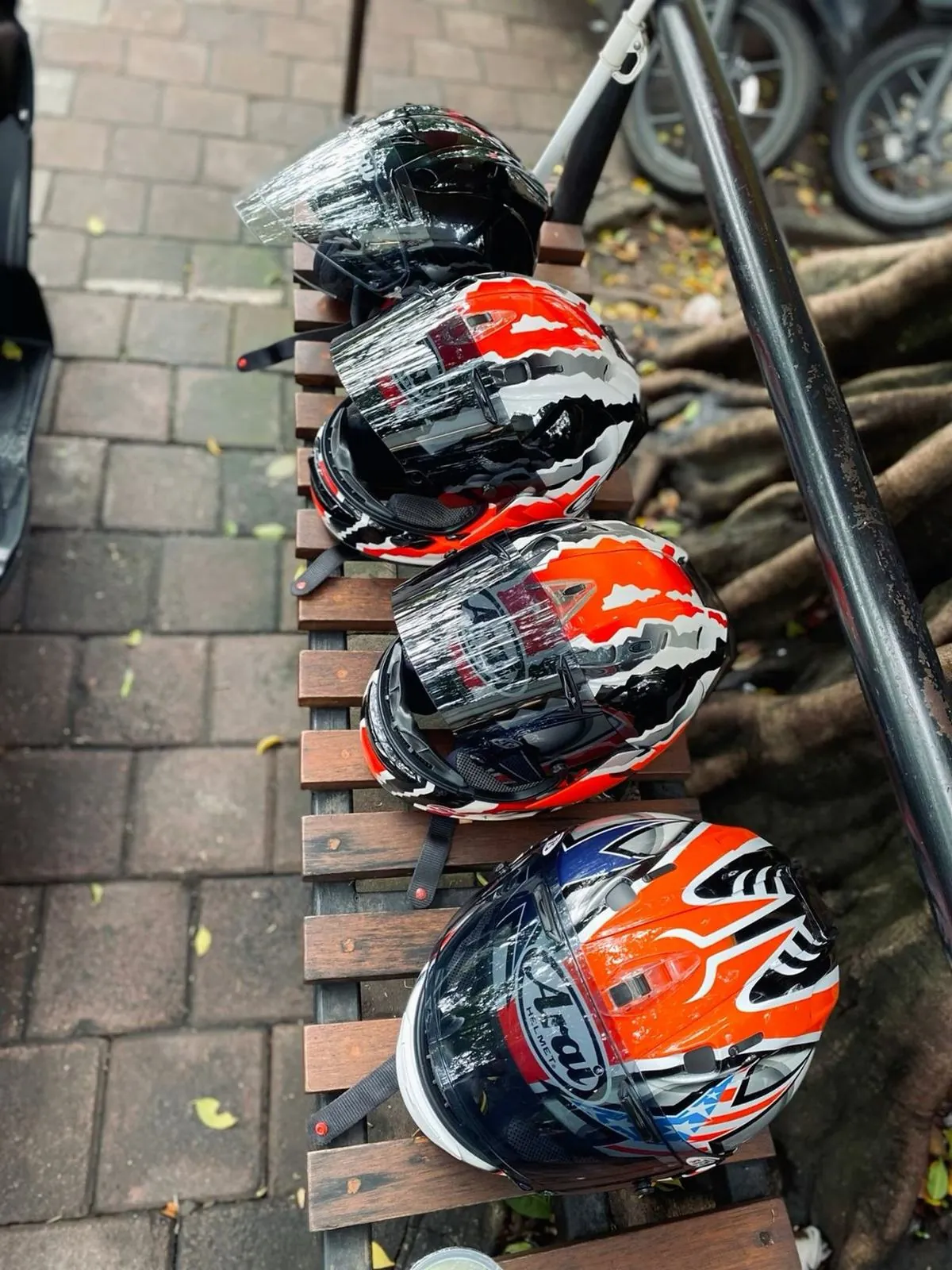 Motorbike helmet rental bench Vietnam