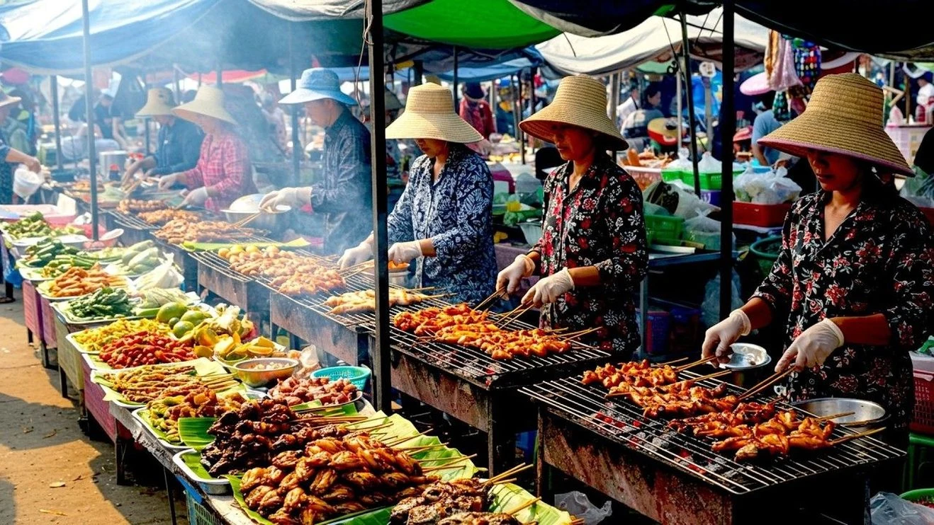 Vendors grilling street food skewers at a Da Nang market