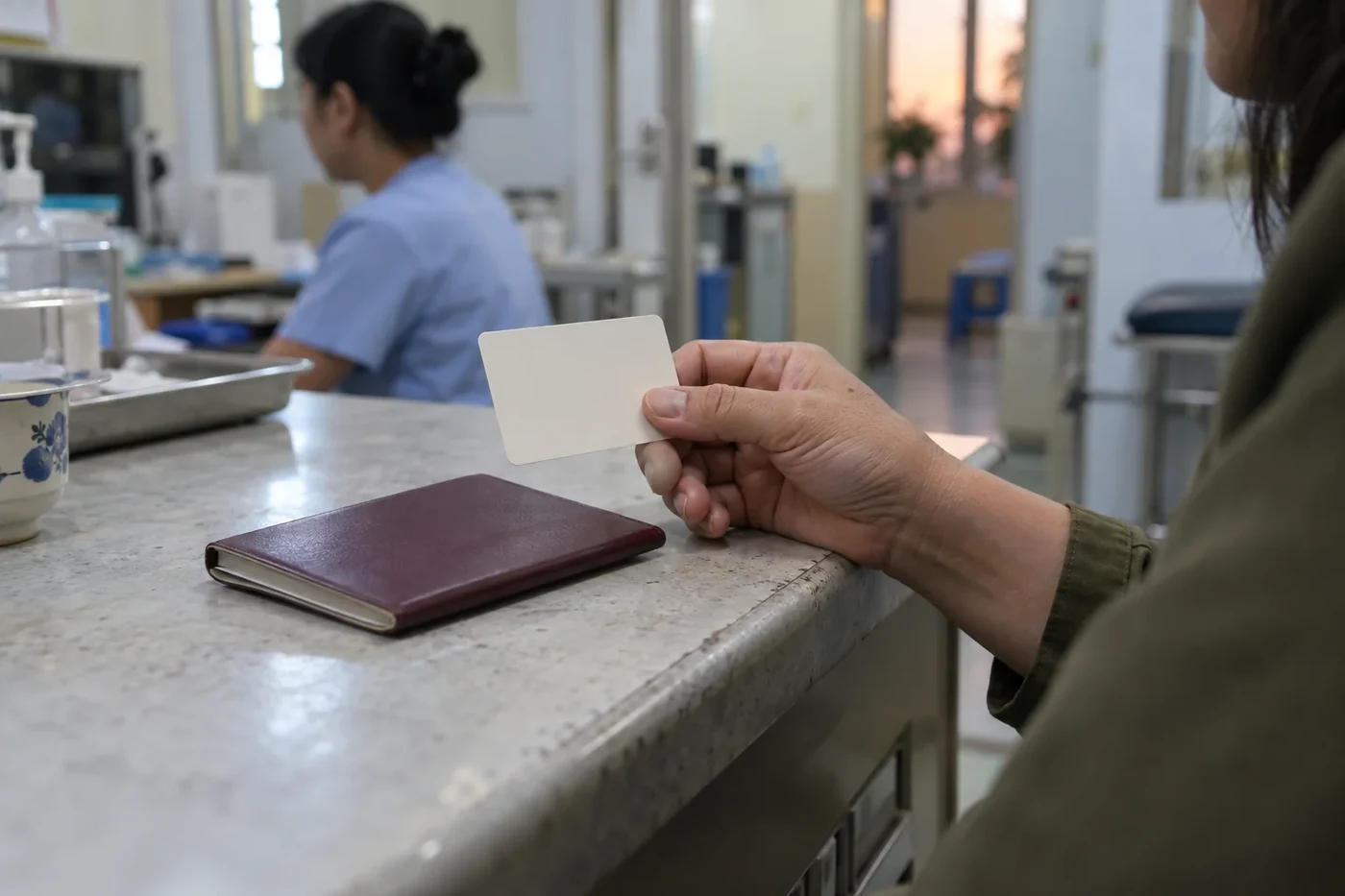 Hand holding a passport and a plastic card at a clinic reception desk