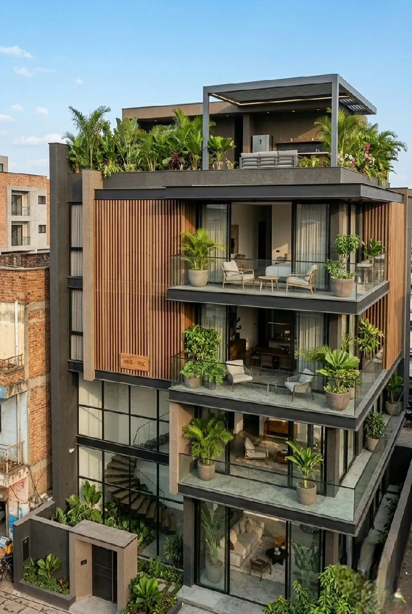Modern apartment building in Da Nang with plant-filled balconies on every floor