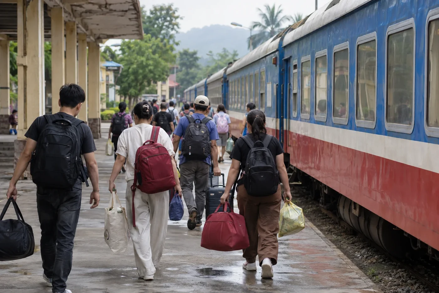 Passengers with backpacks walking along a blue train on the platform