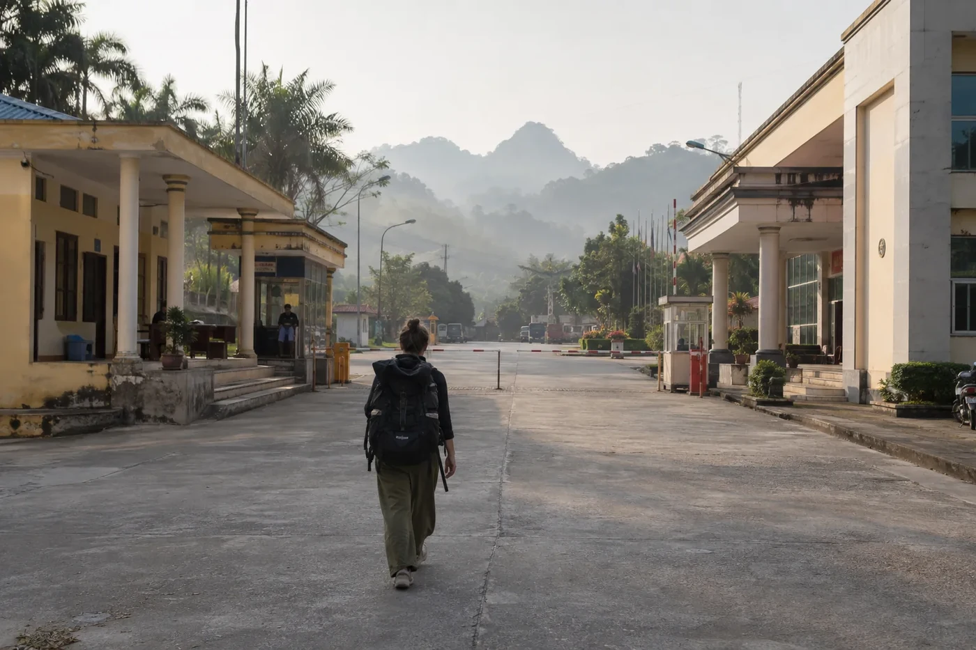 Traveler with a backpack walking down an empty road toward a checkpoint building