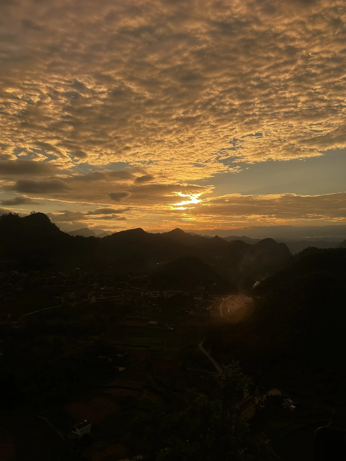 Ha Giang city at sunset from viewpoint in northern Vietnam border region